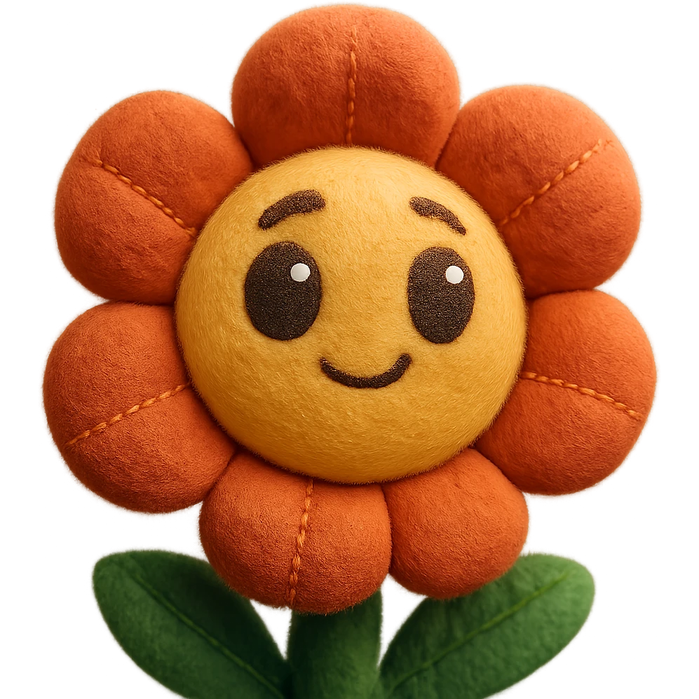a plush flower toy, vibrant colors, big eyes, and fuzzy texture emoji