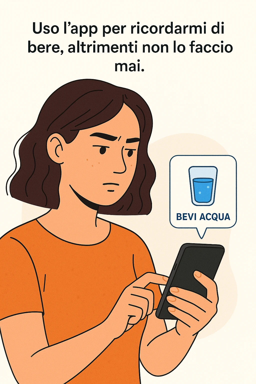 Donna che usa App per ricordarsi di bere, altrimenti non beve mai testo in italiano emoji