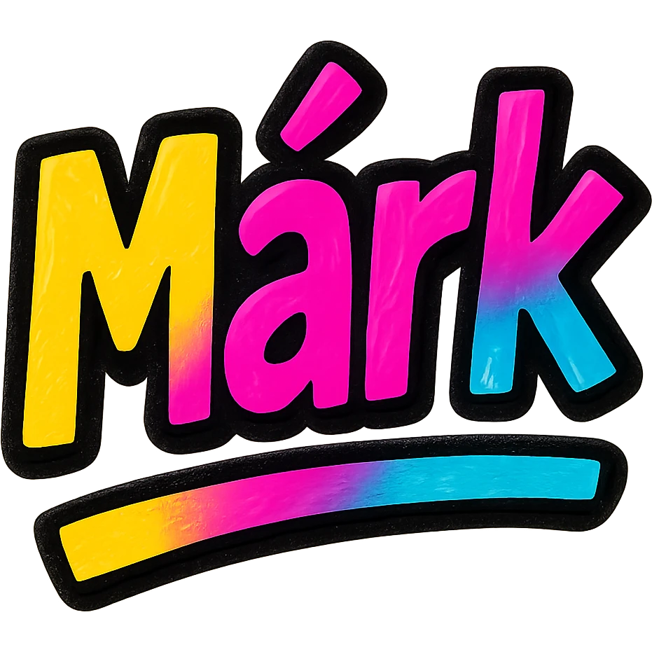 Márk name in modern colorful gradient font with dark outline, dynamic slanted or partial underline, transparent background, in the style of reference patterns emoji