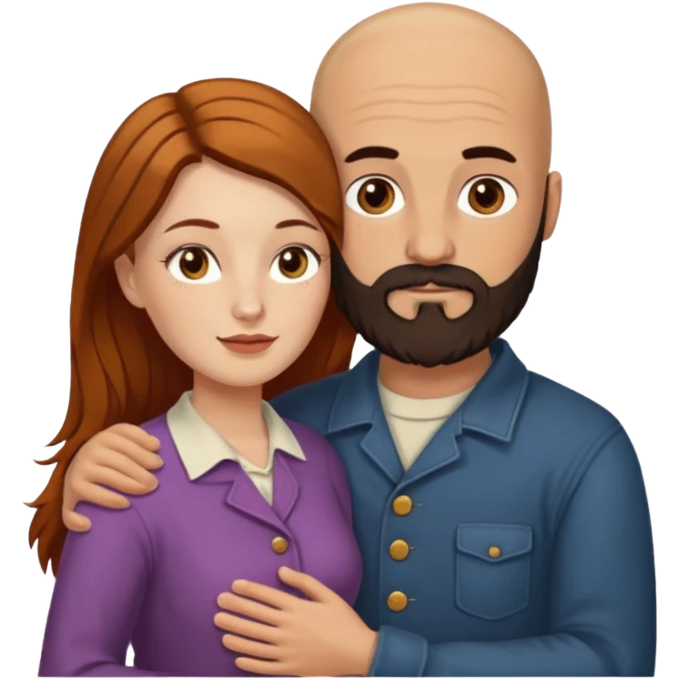 Couple. Bald man with dark brown-black beard. White woman with many small, faded freckles, she has white skin and she has auburn-yellow-brown-cinnamon, dark long hair. She has light brown eyes. The man have hazel eyes. Retro style. They hug. emoji