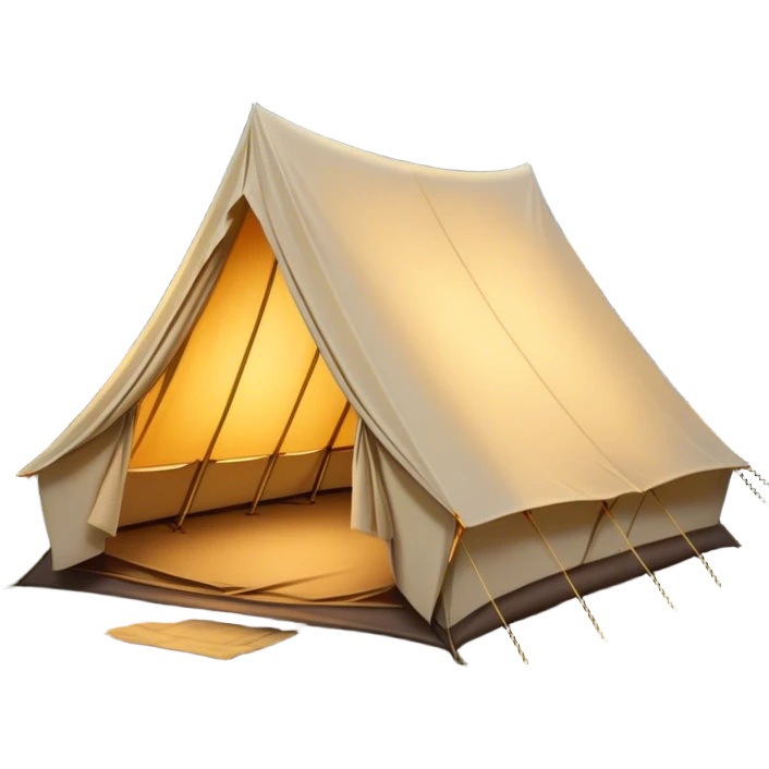 Cinematic Realistic Tent, a sturdy canvas tent nestled among tall trees, warm golden light spilling from inside, gentle folds in the fabric visible, glowing against the cool, dark forest backdrop, evoking a sense of adventure and comfort. emoji