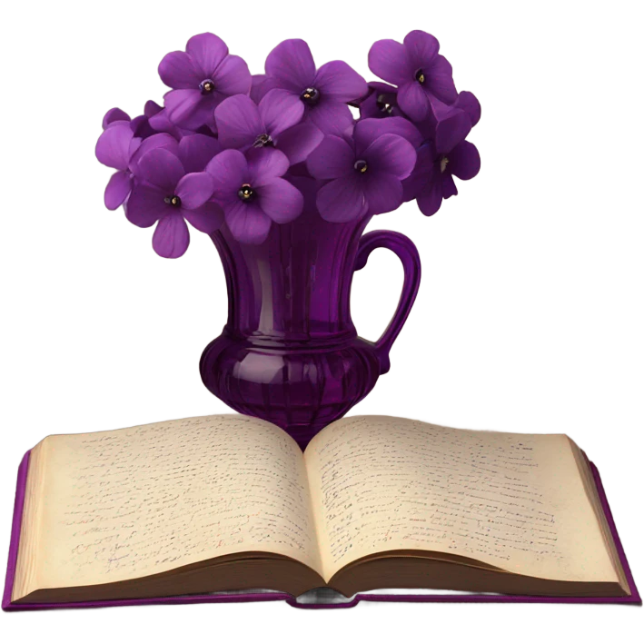 An aesthetic arrangement of a violet vintage book and dark magenta flowers in a light violet glass vase, surrounded by antique letters emoji