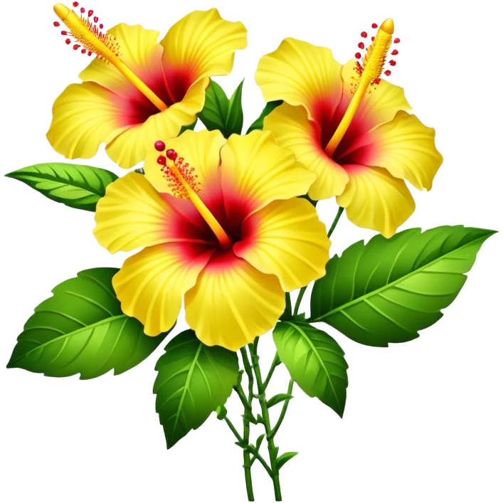 bouquet yellow Hawaiian hibiscus, luxuriant, stem, leaf, bud emoji
