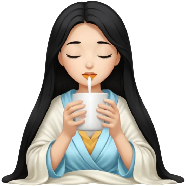 black hair girl long hair inside a white milky satin blanket sipping coffee in white mug eyes closed without coffee in mouth  emoji