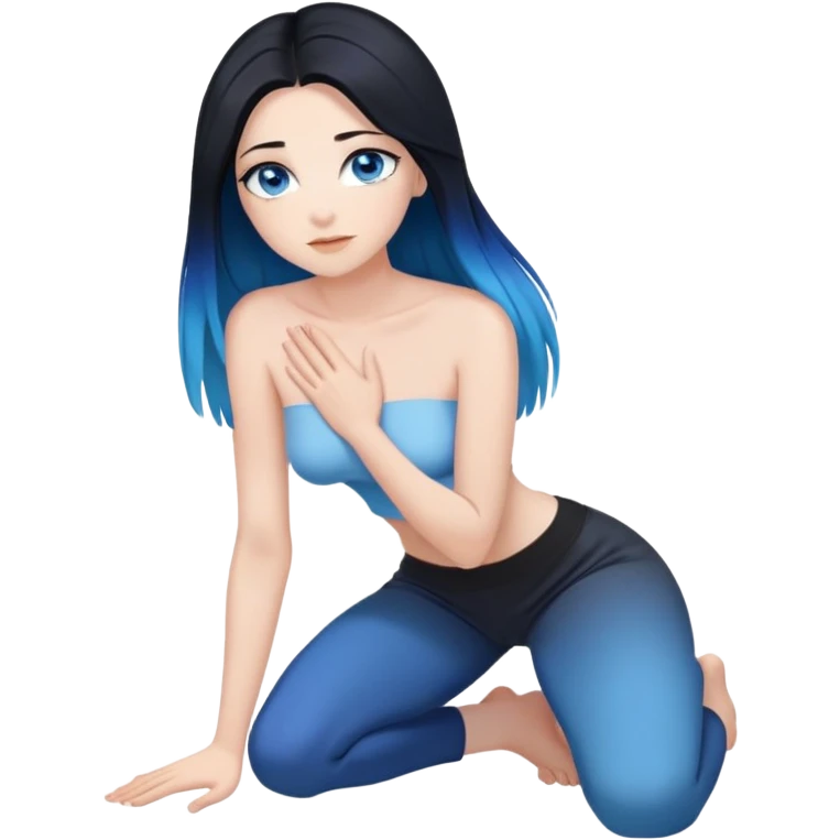 Art of woman's very sexy body scheme anatomy-bare shoulders and front-blue eyes-very long straight black to blue hair ombre-kneeling-front-leaning back emoji