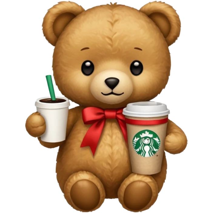 smooth texture teddy bear with red ribbon and starbucks coffee emoji