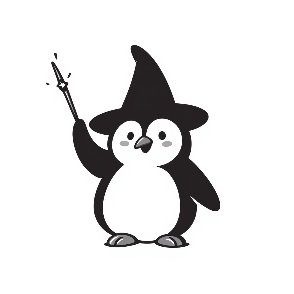 a cute penguin wizard with a pointy hat and a magic wand emoji