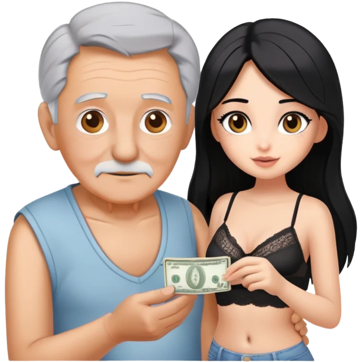 Kind elderly grandfather with gray hair giving money to a, pretty, bralette, black hair, young bratz, woman who needs financial help,  emoji