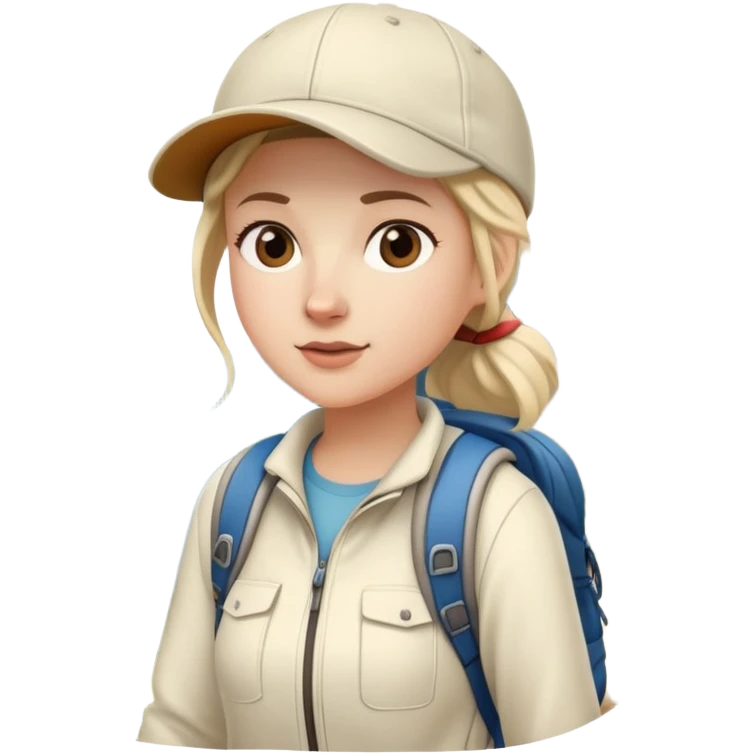woman hiking on mountain trail cream clothes baseball cap emoji