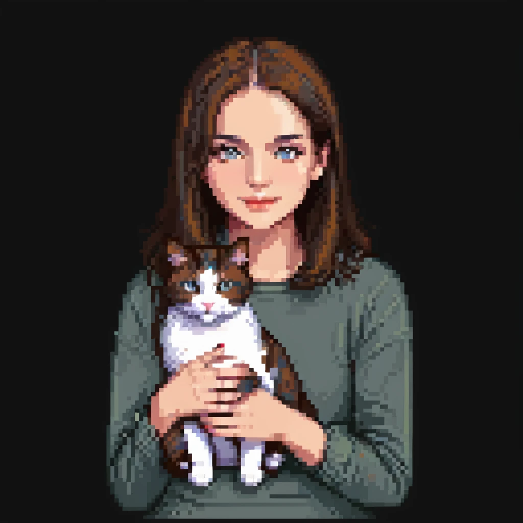 a sad brunette woman with straight hair sitting on the floor, holding a ginger cat in her lap emoji