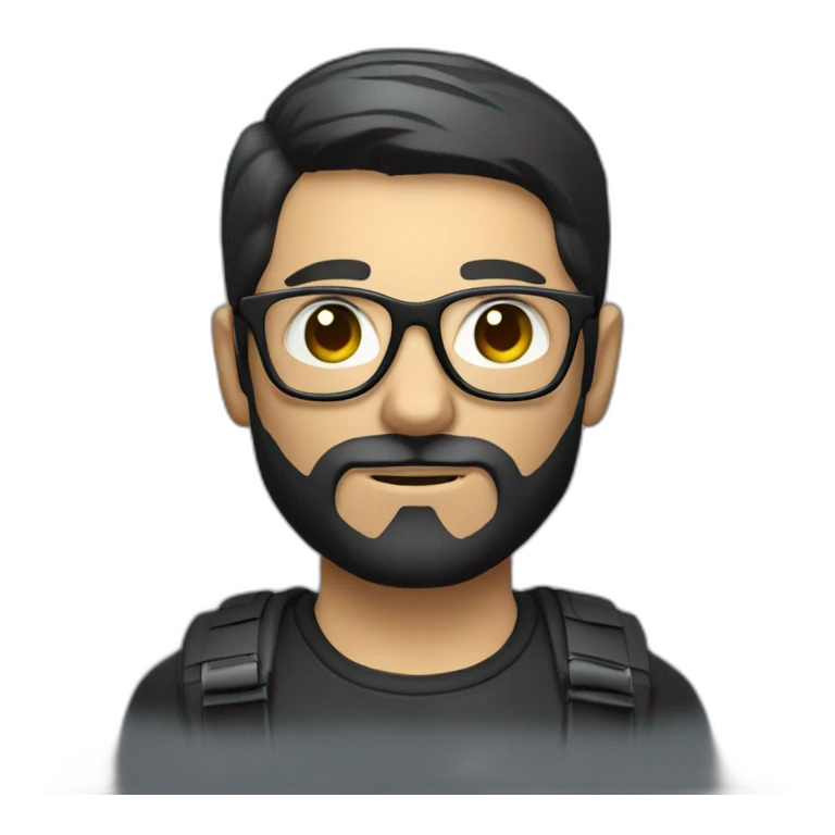 masculine man with dark glasses, with little dark hair, and shadowed beard using a photography camera emoji
