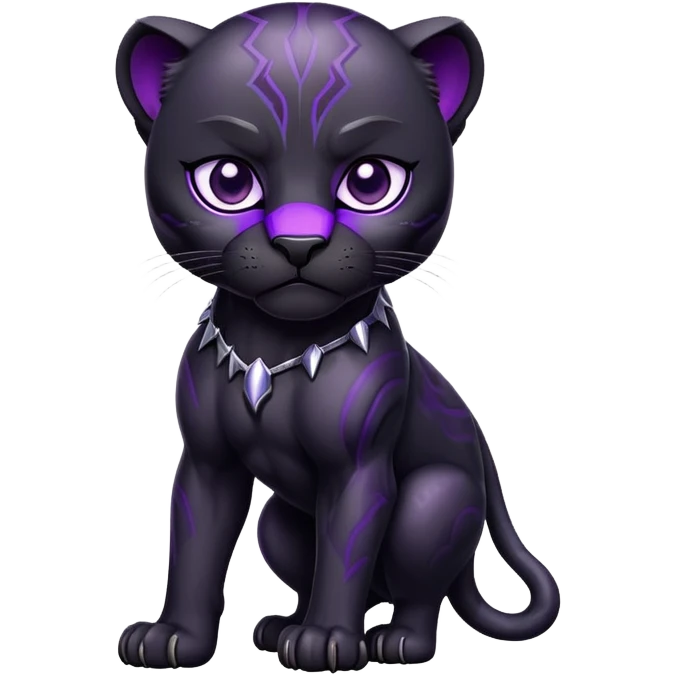sleek black panther with bright purple eyes, sad face emoji