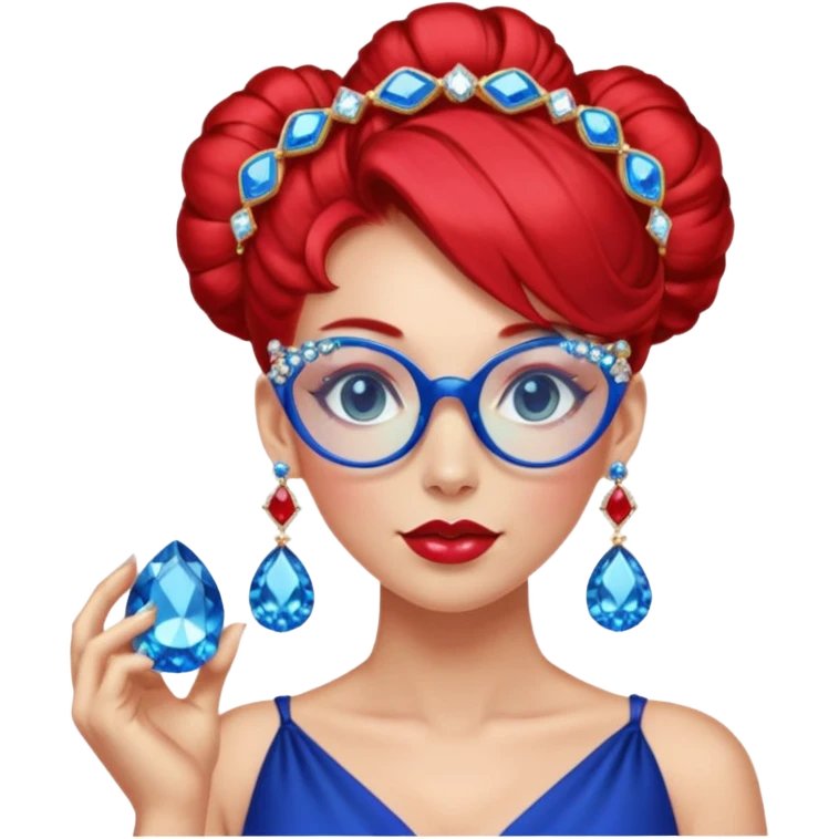 gem lover woman with gem accessories excessive amount gem glassess very big gem earrings red bun hair and redbluediamonds emoji