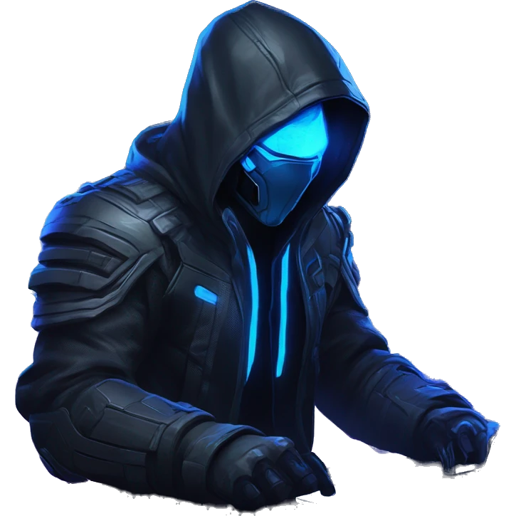 developer behind his laptop with this style : crysis Cyberpunk Riot Games Valorant neon glowing bright blue character blue black hooded assassin themed character emoji