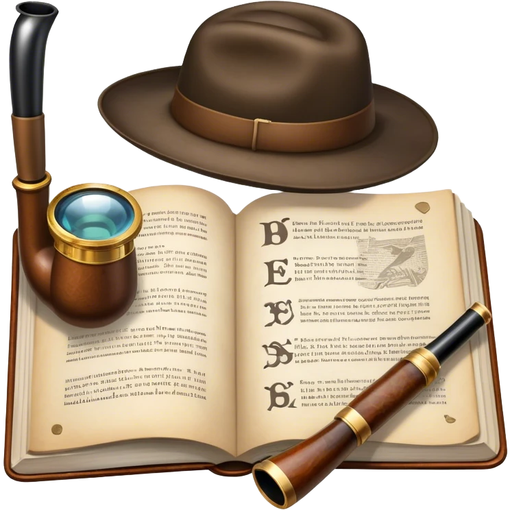 Icon for Detective Reading: an open book with text and a magnifying glass on the pages, a classic detective hat, and a pipe, surrounded by clues like footprints, a revolver, and a notepad. The icon should represent the mystery and intrigue of detective stories. Transparent background. emoji
