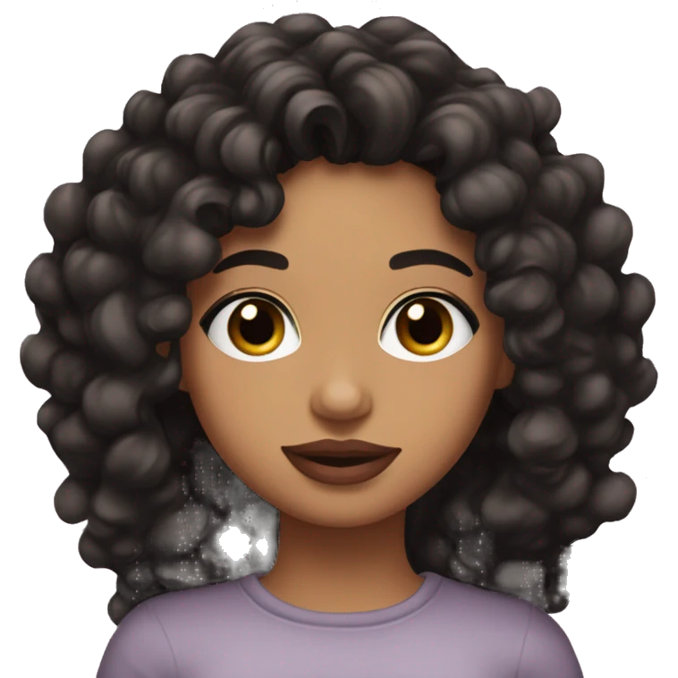 Hispanic emoji with hazel eyes, black loose curly hair, medium skin, dull pink lips and small hoop earrings emoji