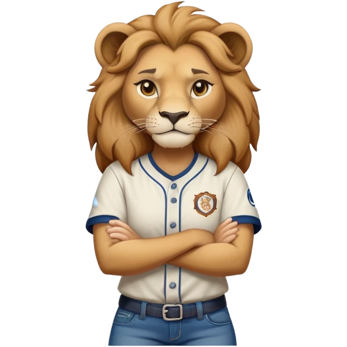 determined anthropomorphised female lion in a baseball shirt and jeans with arms folded, confident stance emoji