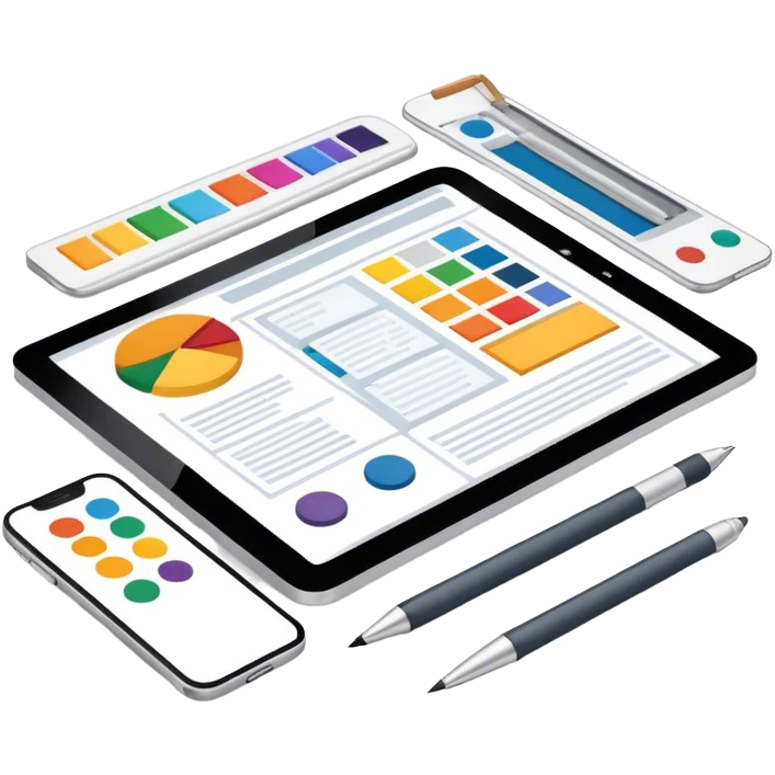 Modern icon for Web Design: a computer and smartphone or tablet screen displaying a website layout, HTML code, and design tools like a stilus and color palette. Transparent background. emoji