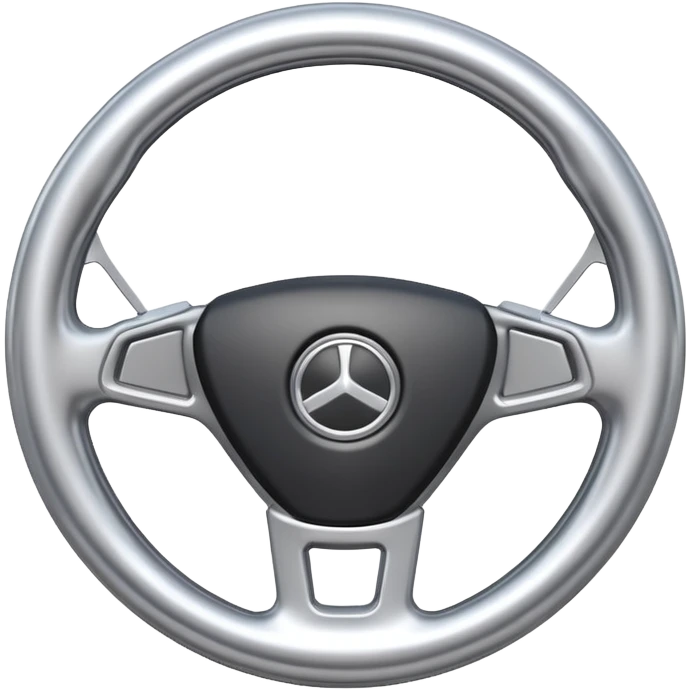 A futuristic steering wheel emoji made of silver chrome, minimal geometric design, smooth metallic surface, soft reflections, iOS emoji style, centered, clean white background emoji
