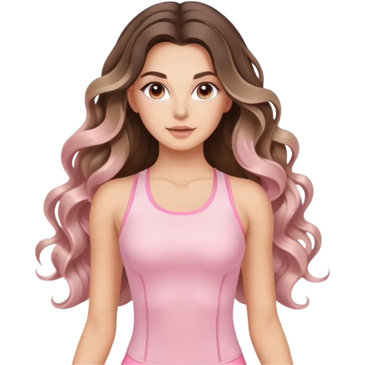 beautiful brunette with a light balayage white girl with nice defined and long curls , very long hair, clean girl makeup STRETCHING IN LIGHT PINK GYM emoji