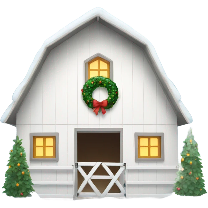 Snowy white barn with Christmas wreath emoji