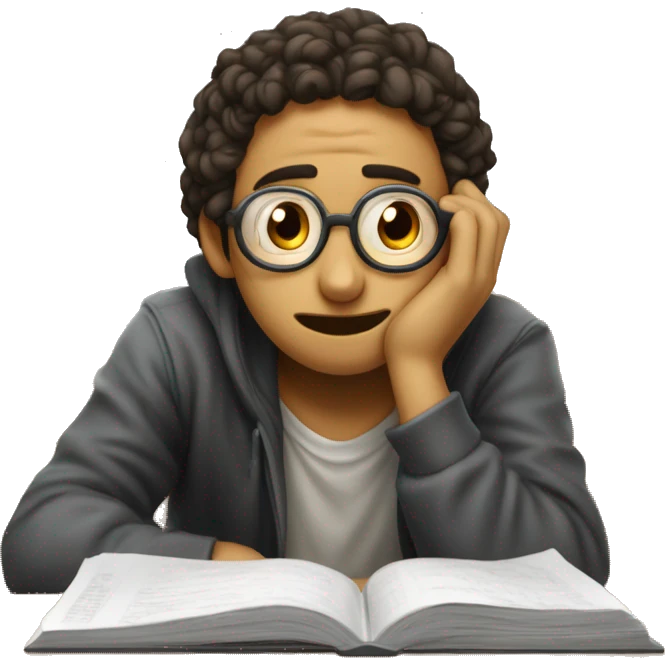 Un estudiante triste por un examen reprobado que lleva en una de sus manos  emoji