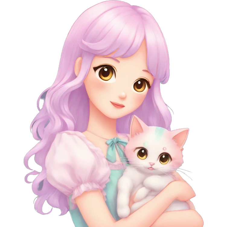 Gorgeous pastel anime style lady with blushing face and holding a kitten cottagecore fairycore pastelcore colorful pearly romantic simplistic aesthetic trending style emoji