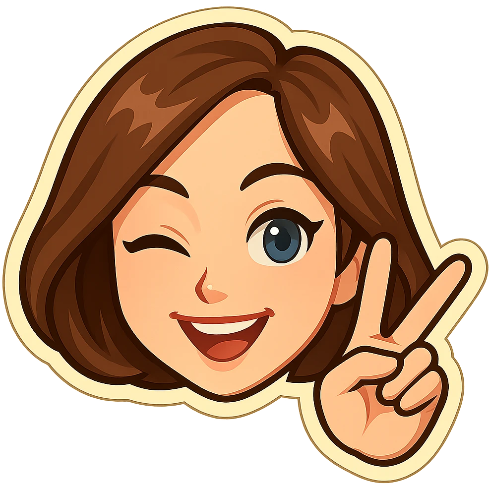 Create a head of a girl in the classic Telegram sticker style with cute facial features, resembling Samsung Sam, pale skin, only the head without the neck, on a white background. The girl is smiling, winking (one eye open, the other closed), and showing a V (peace) sign with her fingers. Pure cartoon style suitable for a Telegram bot profile. emoji