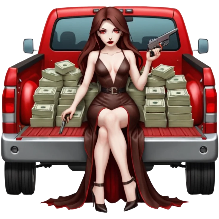 Lilith symbol red eye seductress evil long brown haired sexy succubus woman with leather long dress with slit on, sitting in Big Large F350 pickup truck. Platform long high heels on feet. Back seat full of stacks of cash, she is  Holding a man dead human skull of her enemies and a gun in other hand emoji