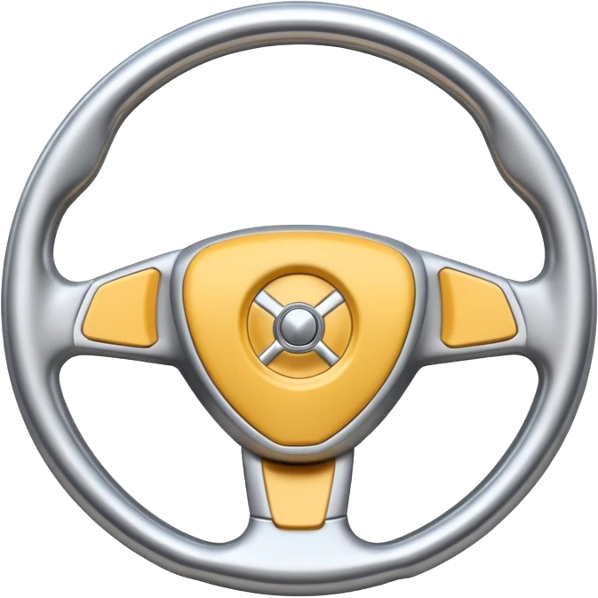 A futuristic steering wheel emoji made of silver chrome, minimal geometric design, smooth metallic surface, soft reflections, iOS emoji style, centered, clean white background emoji