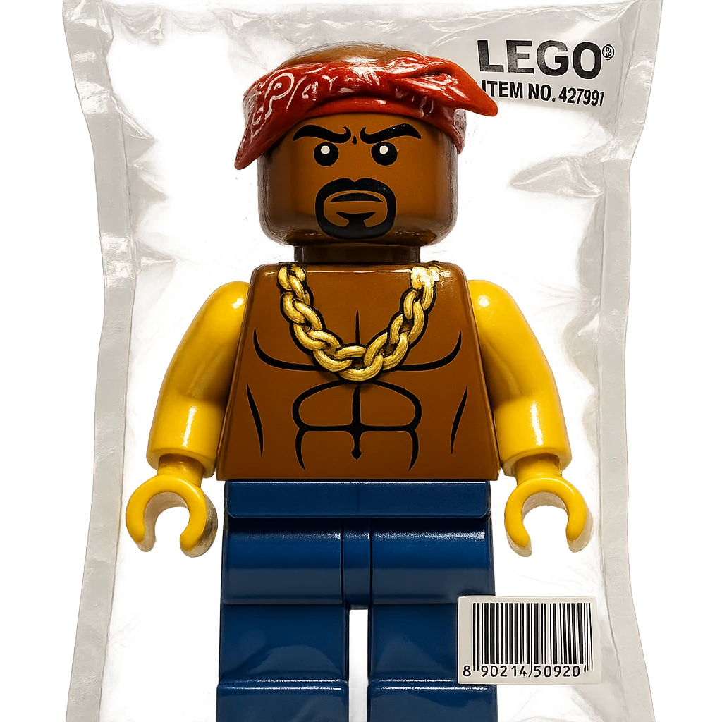 Lego character inspired by Tupac Shakur, with bandana and gold chain, shiny and inflated emoji