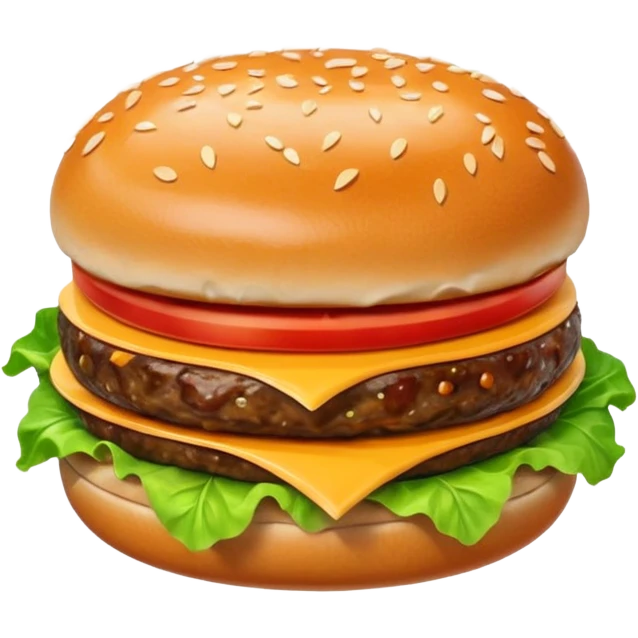 A classic single patty hamburger emoji,, glossy and colorful. Soft rounded bun with sesame seeds, one beef patty, fresh lettuce, tomato slice, melted cheese, realistic but cartoonish look, clean white background emoji