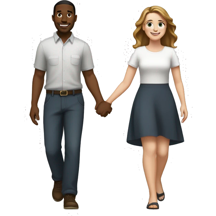 A black man  with medium hair and a white woman with  brown hair holding hands and walking side by side, smiling and enjoying their time together emoji