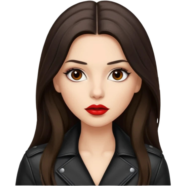 brunette with very long hair in black cuir jacket with red lips and very dark brown eyes emoji