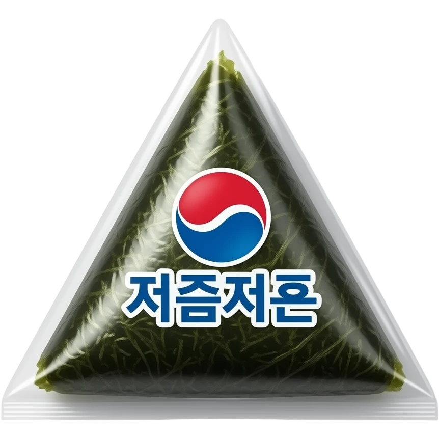 triangle kimbap in transparent plastic packaging, detailed seaweed texture, Korean convenience store product, clean white background, minimal commercial product photography emoji