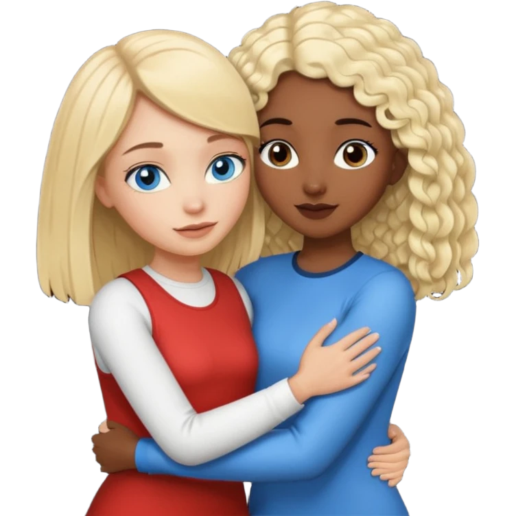 Girl best friends: one taller white girl with straight blond bob and blue eyesone shorter black girl with long black curly hair, hugging emoji
