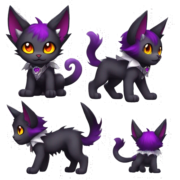 Anthro-Cute-Edgy-Vampiric-Batty-Cat-Black-Purple-Red-Grey-White-Yellow-Contrast-Colors-Fantasy-Fur-Sona-Chibi-Shiny-Fakémon-Hybrid with horns and big fangs and collar full body emoji