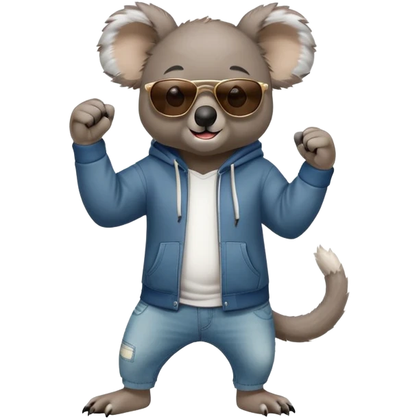 anthropomorphised koala, full body, wearing a hoodie and jeans, dark sunglasses, shaking fist in a different pose emoji