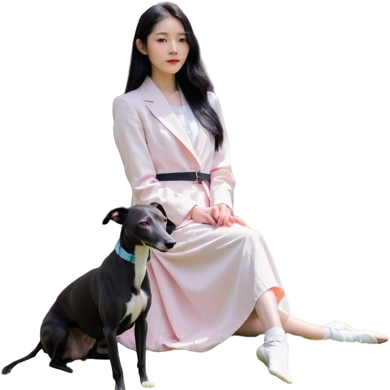 A beautiful 25-year-old Chinese woman with long black hair and a pure dark grey Italian Greyhound with absolutely NO white markings anywhere on its body sitting under a cherry blossom tree. The dog must be completely solid dark grey with no white on muzzle, paws, or chest. emoji