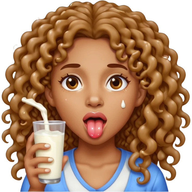 a mixed girl with long curly hair sticking her tongue out with milk drops dripping from tongue emoji