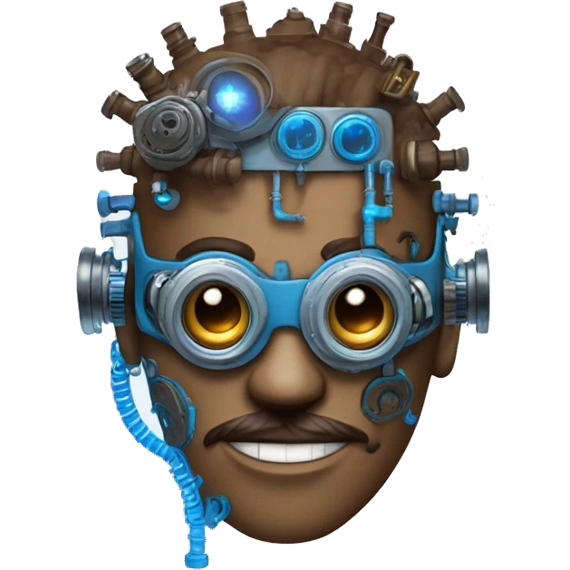 Brown cyborg head with blue Mohawk, blue beard, silver steampunk monocle goggles a smile and circuits emoji