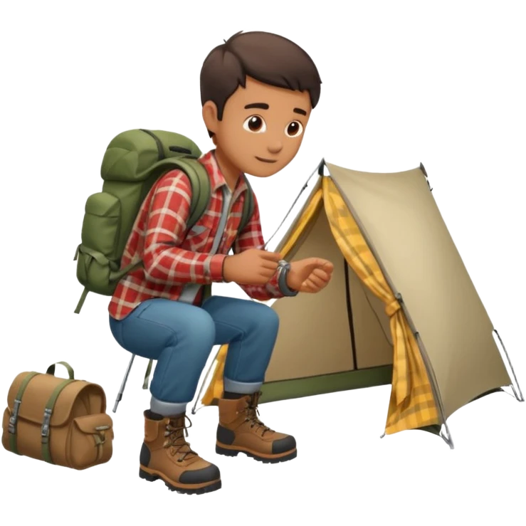 A man wearing a flannel shirt and backpack, setting up a tent with focused hands emoji