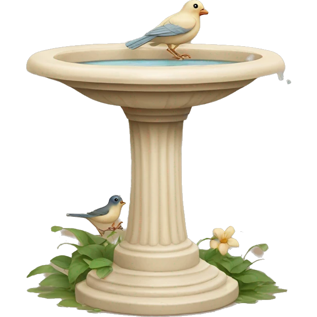 Vintage beige bird bath with a small bird in courtyard  emoji