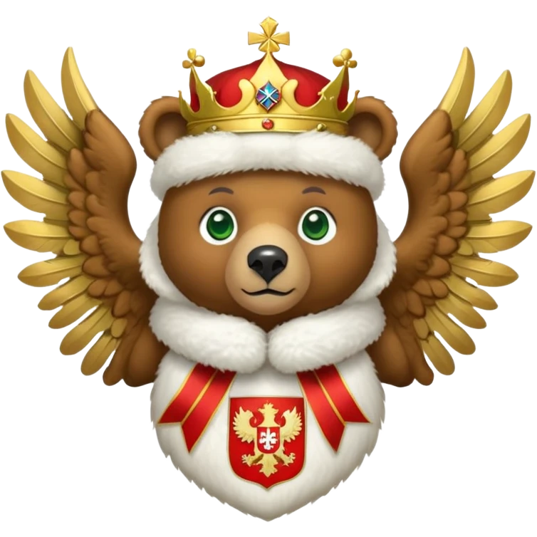 Cute brown bear head with green eyes, wearing white fur ushanka hat with Russian coat of arms: golden double-headed eagle with spread wings, three crowns connected by ribbon, scepter in right claw, orb in left claw, red shield on chest with St. George slaying dragon, iOS emoji style emoji