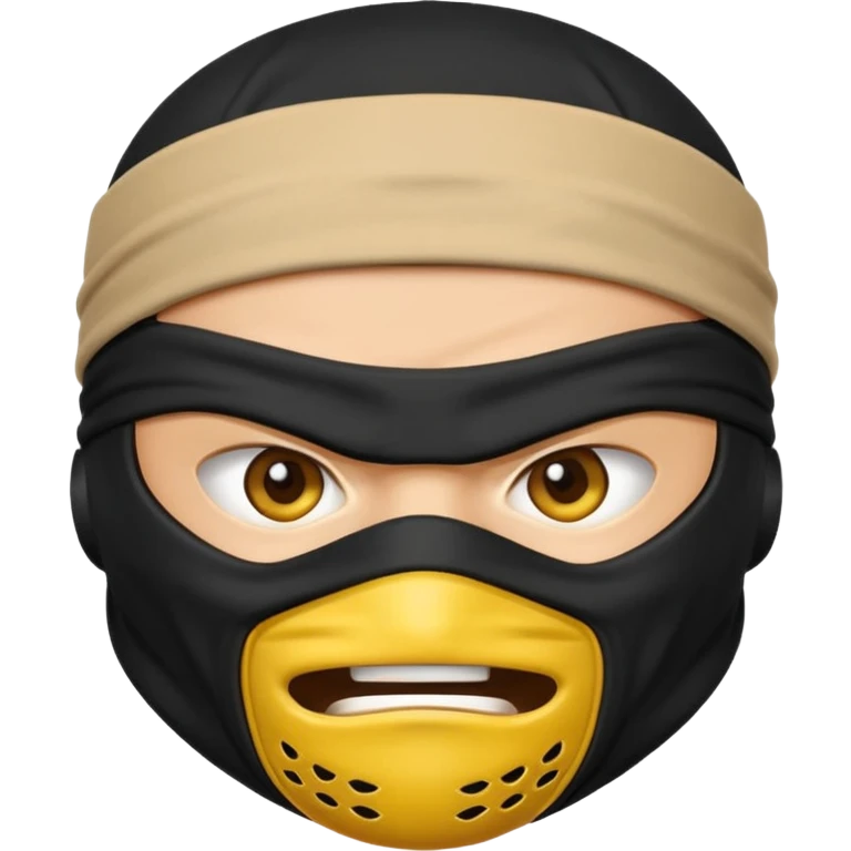 angry ninja face emoji, classic yellow emoji style, all black ninja mask, no mouth, furrowed brows, black ninja headband tie emoji