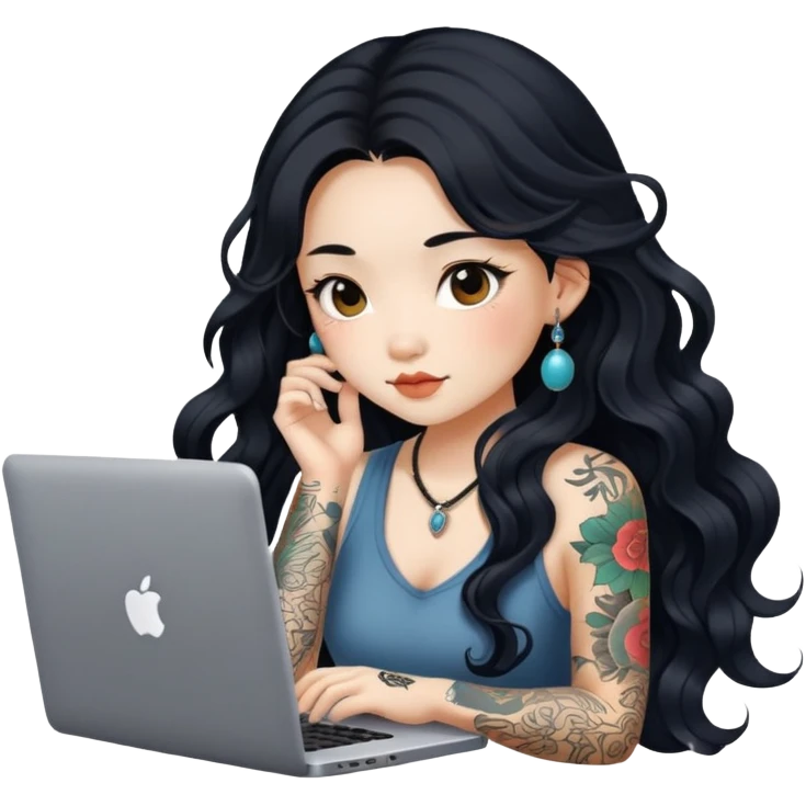 beautiful girl, with tattoos, with long black hair, wavy hair, chinese, with laptop emoji