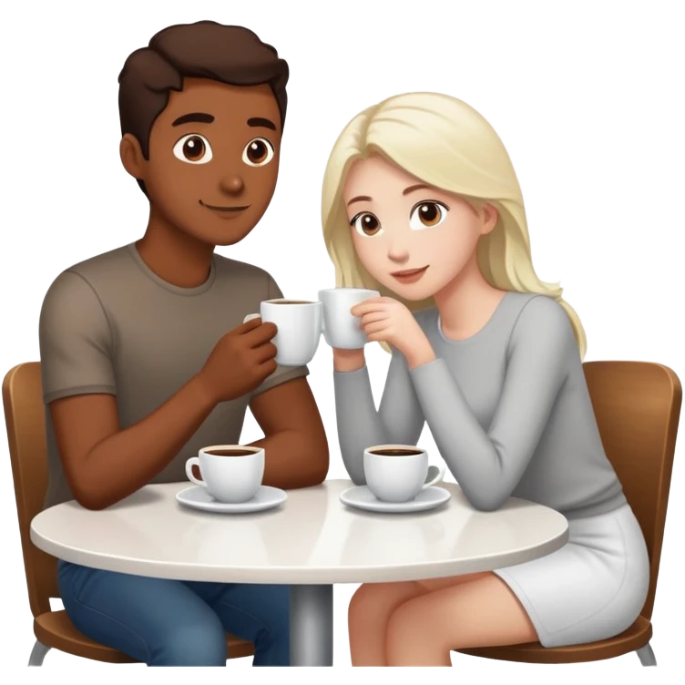 A couple simple on a table, looking at each other. Brown skin guy, and white skin girl. And there is cup of coffee in front of each person. emoji