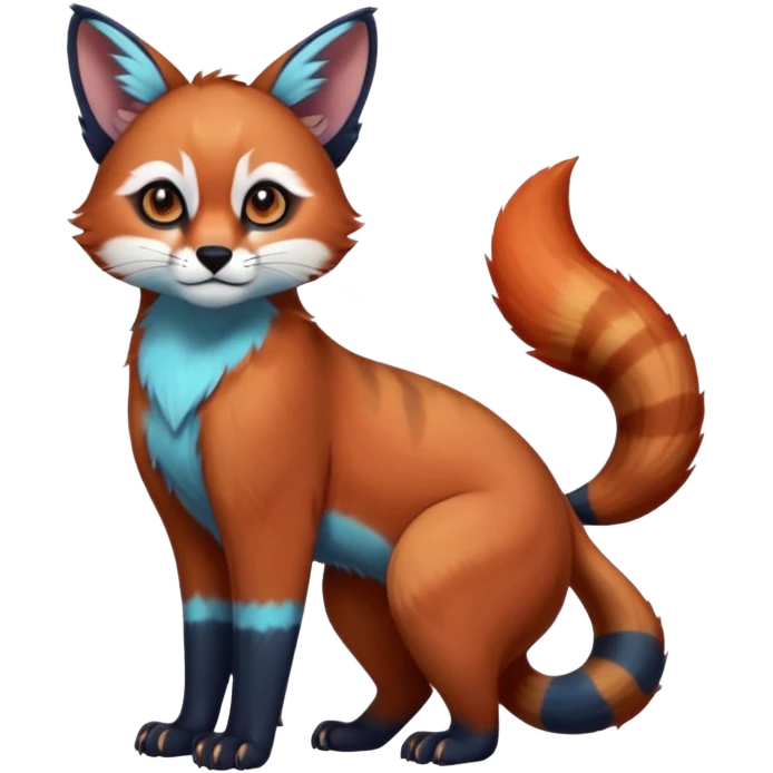 Colorful tropical blue exotic cute cool beautiful shiny beautiful fantasy-caracal-Cacomistle-Trico-Red-Panda-oncilla-animal-Fakémon-hybrid-fursona (full body) emoji