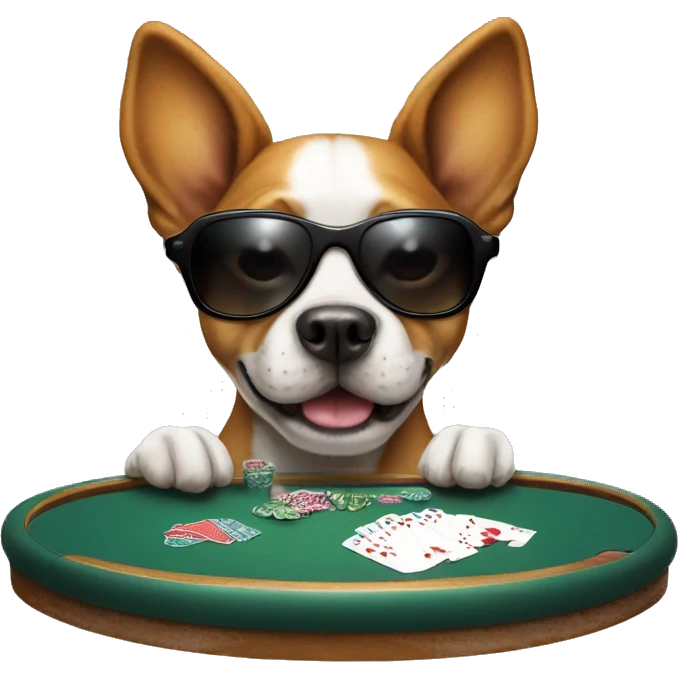 Dog playing poker at poker table, wearing shades, holding 2 cards emoji