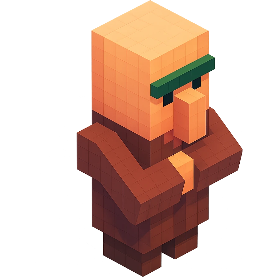 Minecraft villager, 3D blocky voxel style, brown robe, large nose, classic Minecraft look emoji